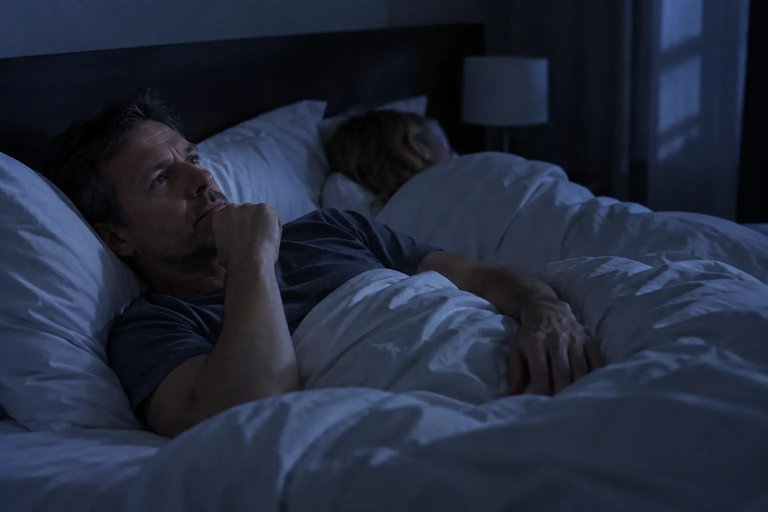 Ein Mann liegt nachts wach im Bett, daneben eine schlafende Frau, beide Nachttischlampen brennen.